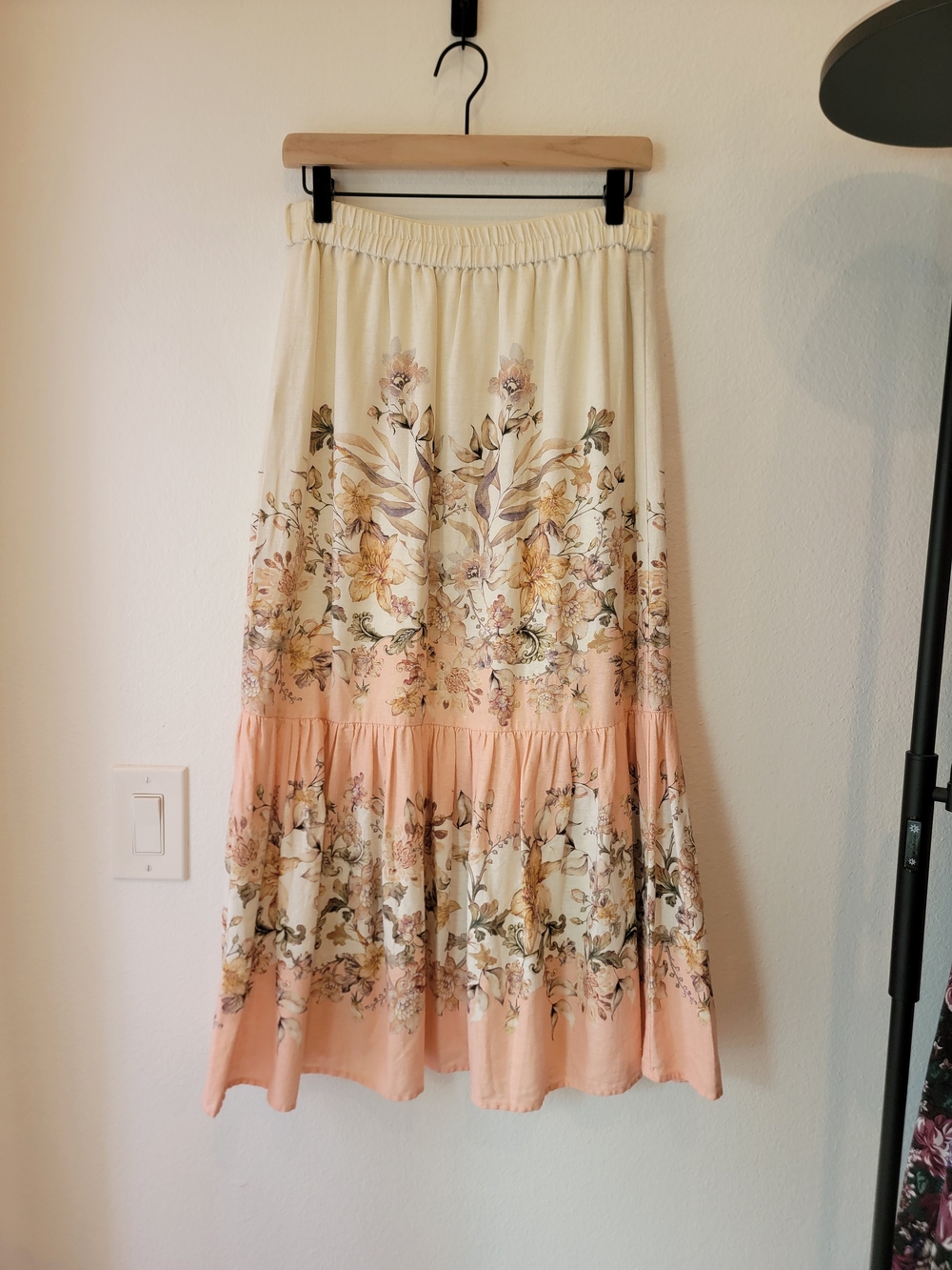 House of Harlow 1960 Floral Linen Blend Tiered Midi Skirt Cream Blush Size S - Picture 4 of 13